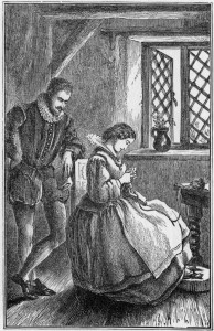 William Lee (c1550-c1610) English inventor of the first frame-knitting machine (1589). Lee, born in Nottinghamshire, watching his wife industriously knitting by hand. 19th century wood engraving.